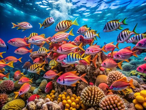 Colorful Sting Fish Swimming Gracefully Among Coral Reefs in Clear Blue Ocean Water