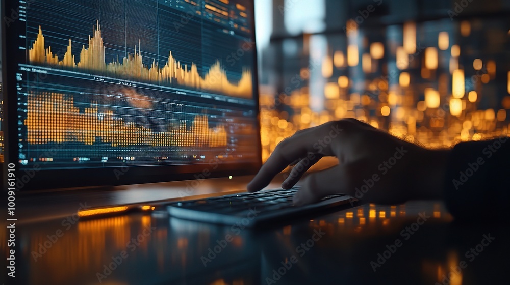Poster modern businessman working with computer and data visualization