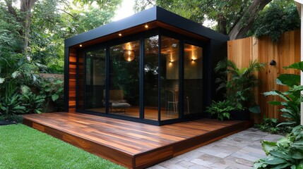 A stylish garden room features a modern glass facade and wooden deck surrounded by rich greenery, creating a serene, contemporary space for relaxation and luxury.