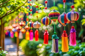 Colorful teruterubouzu hanging in the outdoor garden symbolizing hope and good weather wishes