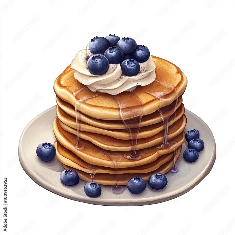 Canvas Prints A stack of fluffy pancakes topped with blueberries and whipped cream, drizzled with syrup.