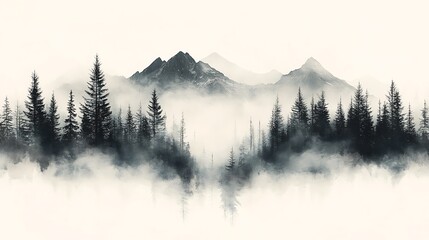 6. An abstract double exposure of a misty forest merging with a mountain silhouette, where the shapes flow seamlessly, symbolizing nature's vast beauty in layers and soft transitions 