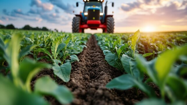 This vivid image portrays a tractor driving through a field of crops as the sun sets in the background, highlighting agricultural labor and rural life in vibrant colors.