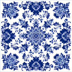 Bandana blue pattern floral geometric antique design on white background