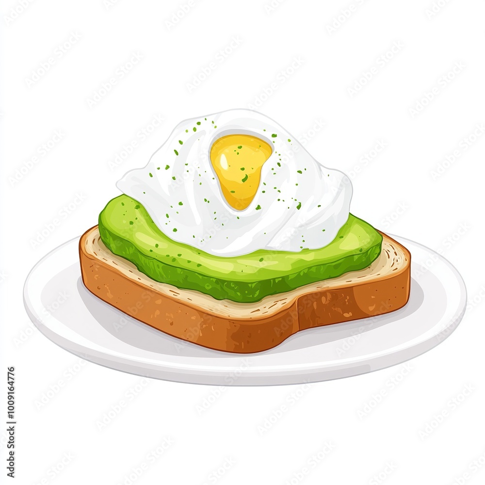 Poster A slice of toast topped with avocado and a poached egg, served on a white plate.