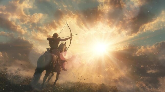 landscape of a person riding a horse and holding a bow on a hill. Virtual 4K video animation background with looping time lapse with very smooth graphics.