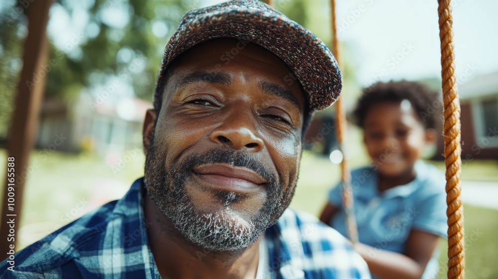 Wall mural A man wearing a cap and plaid shirt smiles warmly while sitting on a swing in a sunny outdoor setting, with a child in the background playing on the swing.