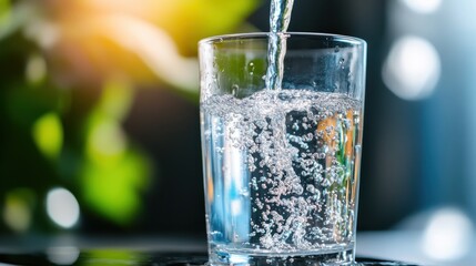 A glass of water being dynamically filled under sunlight, capturing each droplet and bubble in a vibrant setup depicting vitality and refreshment.