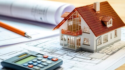 Close-up of a model house and calculator, highlighting the practical aspects of architectural planning.