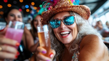 An older woman in colorful party attire, wearing a sequin hat and festive glasses, joyfully raises a drink in a spirited toast amongst friends in a lively setting.