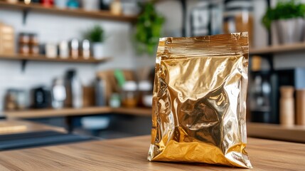 A glossy golden packaging bag is prominently displayed on a sleek modern kitchen table, emphasizing elegance, quality, and contemporary design in culinary packaging.
