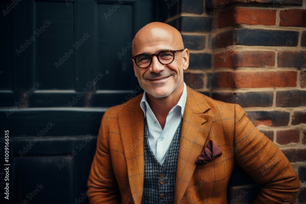 Wall mural Portrait of a blissful man in his 50s dressed in a stylish blazer over vintage brick wall