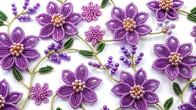 Elegant beadwork purple flowers on white background decoration seamless pattern