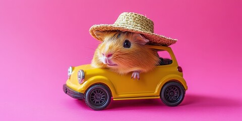 Tiny Guinea Pig Driving a Yellow Toy Car