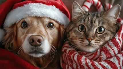 A charming Christmas scene with a dog and cat dressed in festive hats and a scarf. Their adorable expressions bring holiday cheer and warmth to all viewers.