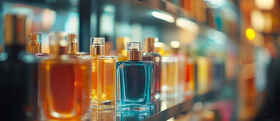 Shoppers in the cosmetics and household chemicals store A blurred view of a large perfume shop featuring perfumes and cosmetics Customers in the perfume shop are examining