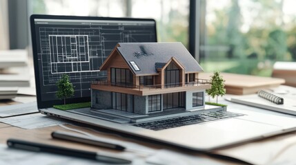 Model house displayed on a laptop screen, with digital design software open and visible.