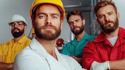 Four confident workers in various colored uniforms and helmets pose assertively, representing teamwork and diversity in a visually vibrant industrial setting.