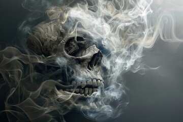 Abstract illustration of creepy skull made of swirling smoke, dark, ominous, with haunting face, isolated on black background. Death, horror, evoking fear, dread, perfect for Halloween, dark art