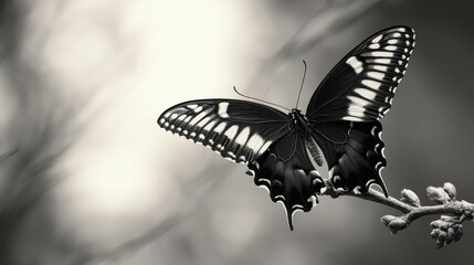 Black and white photo of a butterfly perched on a branch.