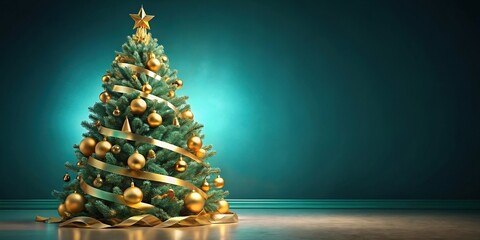 Elegant Christmas tree with gold and teal ribbons for a chic holiday celebration