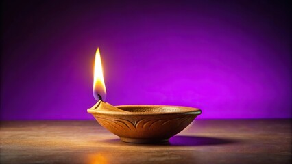 Elegant clay oil lamp on purple background symbolizing peace, spirituality, celebration