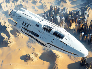 Fototapeta premium a futuristic cityscape with towering skyscrapers, where a high-speed spaceship is flying through a desert landscape.