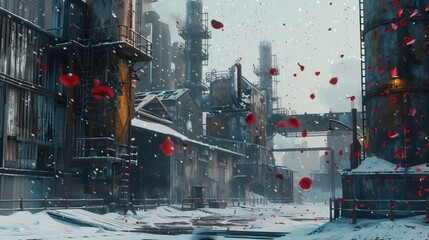 A deserted, snow-covered industrial area with rusting machinery and crumbling buildings, with red rose petals falling, symbolizing industrial decline and forgotten progress