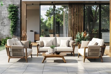 Obraz premium 3-Piece Outdoor Patio Set with Beige Cushions, Light Wood Accents, White Frame Sofa, Armchairs, and Coffee Table on Grey Stone Pavers