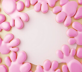 Obraz premium Cute pink dog paw print pattern with white background and gold elements, white square in the center for text. 