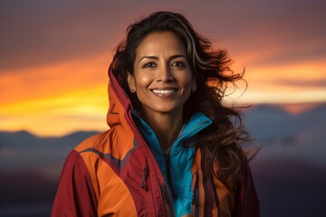 Portrait of a smiling indian woman in her 40s wearing a functional windbreaker in front of vibrant sunset horizon