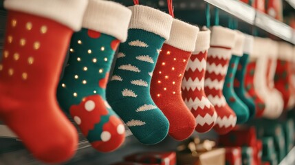 Colorful Christmas stockings hanging on a festive display, creating a warm holiday atmosphere.