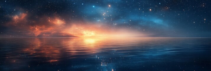 Obraz premium Starry Sky Over Serene Ocean, twinkling stars illuminating calm waters, gentle horizon blending night with tranquility, inviting peaceful reflection