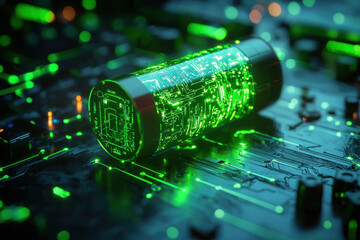 futuristic battery with glowing green circuitry is showcased on dark circuit board, symbolizing advanced technology and innovation. vibrant lights create captivating atmosphere