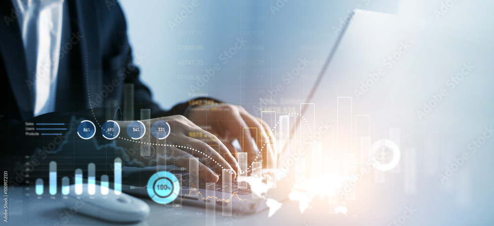 Aufkleber businessman using laptop for analyzing data sales and financial graph chart. business development st