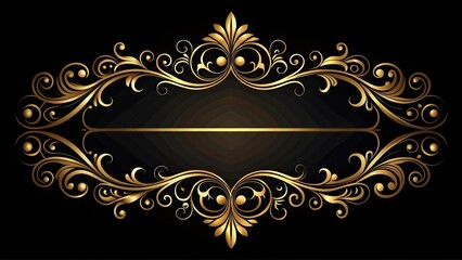 Elegant gold filigree design on a black background with intricate details and copy space
