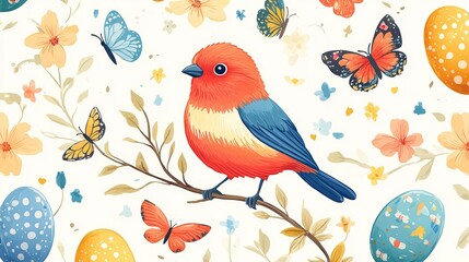 Spring Bird  Butterfly  and Easter Eggs Seamless Pattern