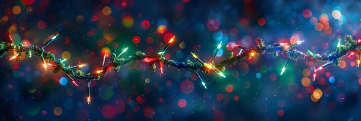 A vibrant Christmas garland, featuring green foliage and glowing red and yellow lights, contrasts beautifully with a dark blue background for a classic holiday display, banner