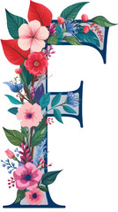 Obraz premium Elegant Floral Letter F Vector Art - Colorful Flowers and Leaves Design, Transparent PNG for Branding and Digital Use