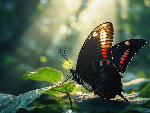 A black butterfly with red and white markings rests on a leaf in a sunlit forest.