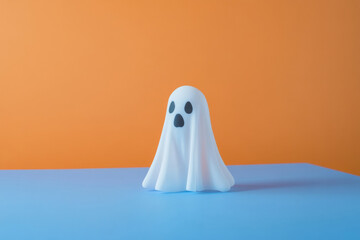 Cute white ghosts on minimalist color background with copy space
