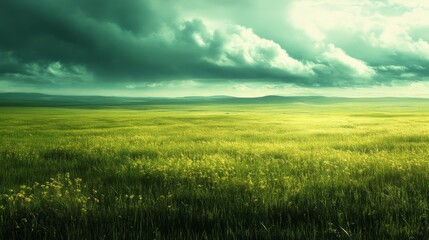 Obraz premium Green Meadow Landscape with Dramatic Sky and Sun Rays