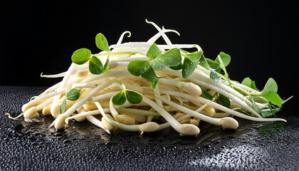 fresh bean sprouts vegetable pile with water drops on a pitch solid black background
