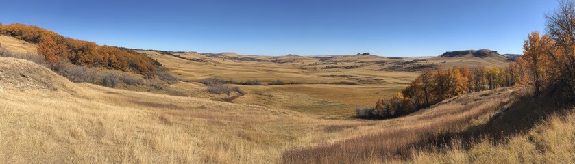 Obraz premium Autumn Grasslands with Distant Hills and Blue Sky