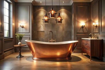Elegant modern bathroom with copper freestanding bathtub and luxurious furnishings under warm lighting