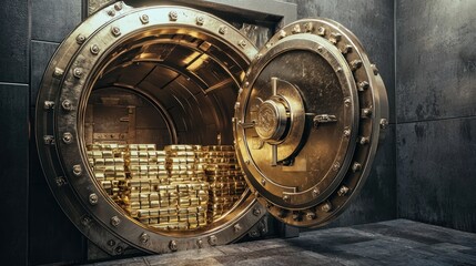 A large steel bank vault door slightly open, revealing stacks of gold bars and cash inside.