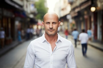 Fototapeta premium Portrait of a glad man in his 40s wearing a simple cotton shirt in front of busy urban street