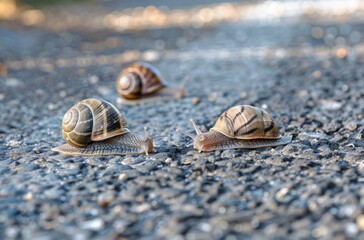 Snails crawling on a rough surface, showcasing their unique shells and slow movement Natural setting with soft, blurred background highlights their delicate features