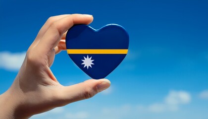 手で持っているナウルの国旗のハートと青空(Heart of Nauru flag held in hand and blue sky.)
