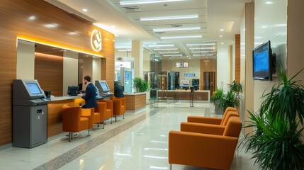 The interior of a bank branch with modern furniture, ATMs, and counters where bank employees are assisting customers.